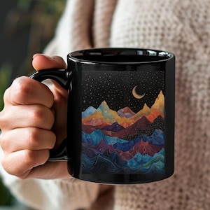Mountain Scene Mug Mountain Peaks Whimsical Coffee Mug Majestic Peaks Mug Mountain Scene Design for Outdoor Enthusiasts Black Mug