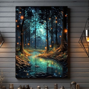 Illuminated Forest Fireflies Wall Art, Mystical Fantasy Painting, Enchanting Magical Forest Canvas, Mystical Forest Print, Mystical Art