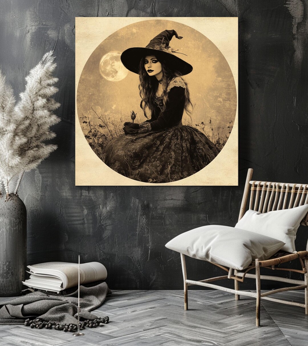 Vintage Witch with Full Moon Canvas Wall Art Retro Gothic Witchcraft ...