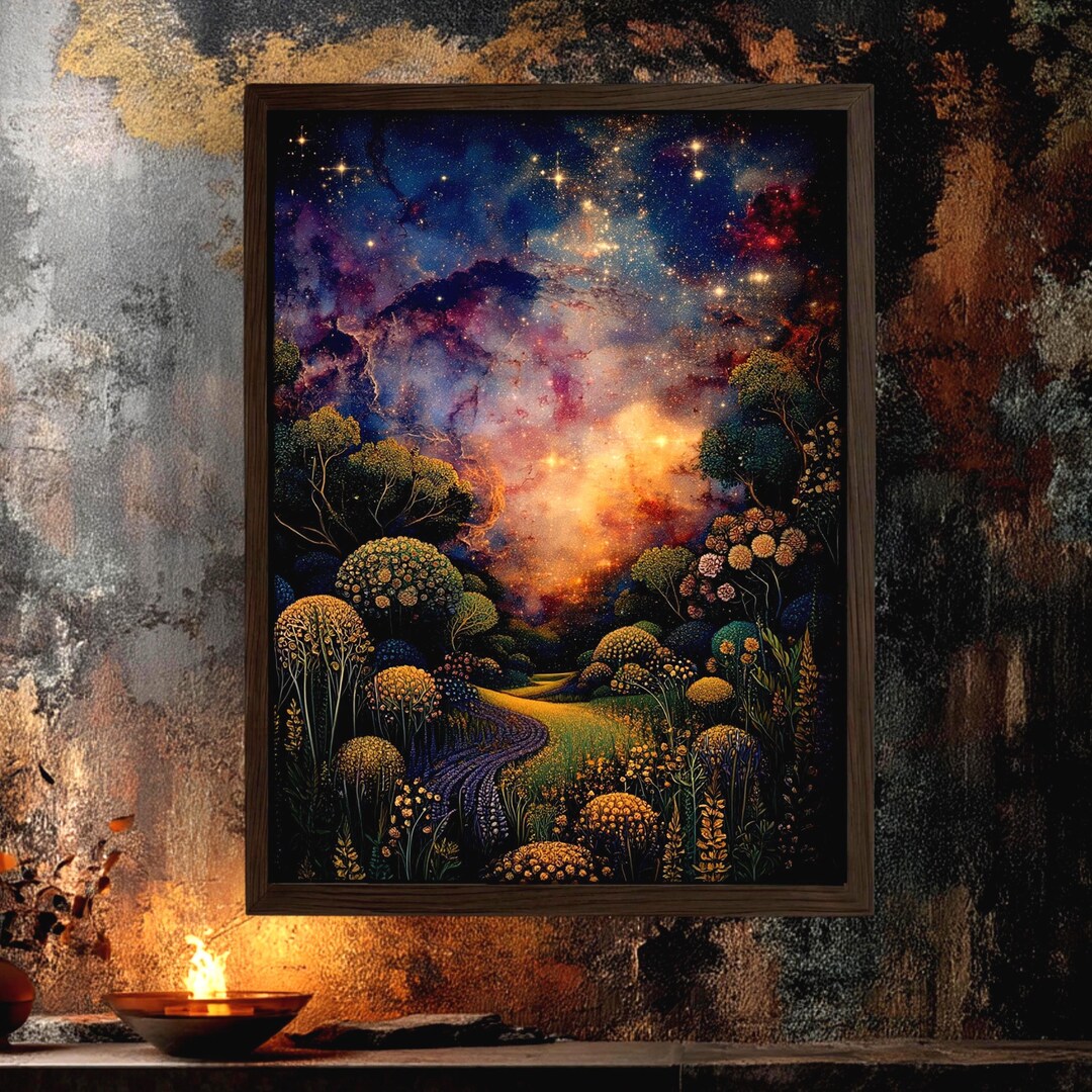 Cosmic Garden Wall Art, Starry Sky Landscape Print, Fantasy Path Framed ...