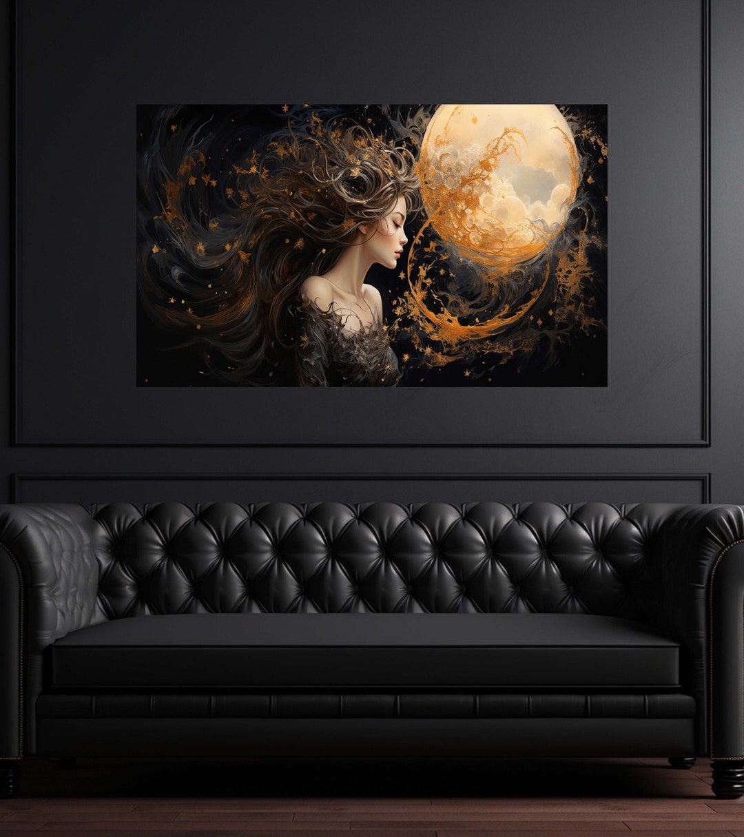 Mystical Gold Moon Wall Art, Landscape Wall Art, Celestial Goddess Art ...