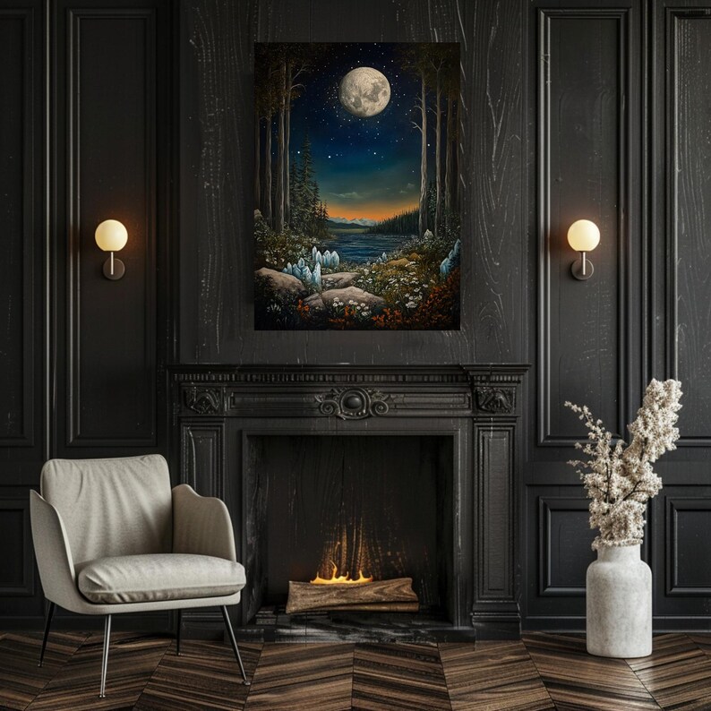 Mystical Moonlit Forest Wall Art, Night Sky River Canvas, Enchanted ...