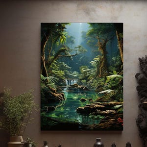 神秘的な緑のジャングルのキャンバスアート、魔法の滝の森の壁アート、神秘的な絵画アート、魔法の森のキャンバス、神秘的な森の壁アート