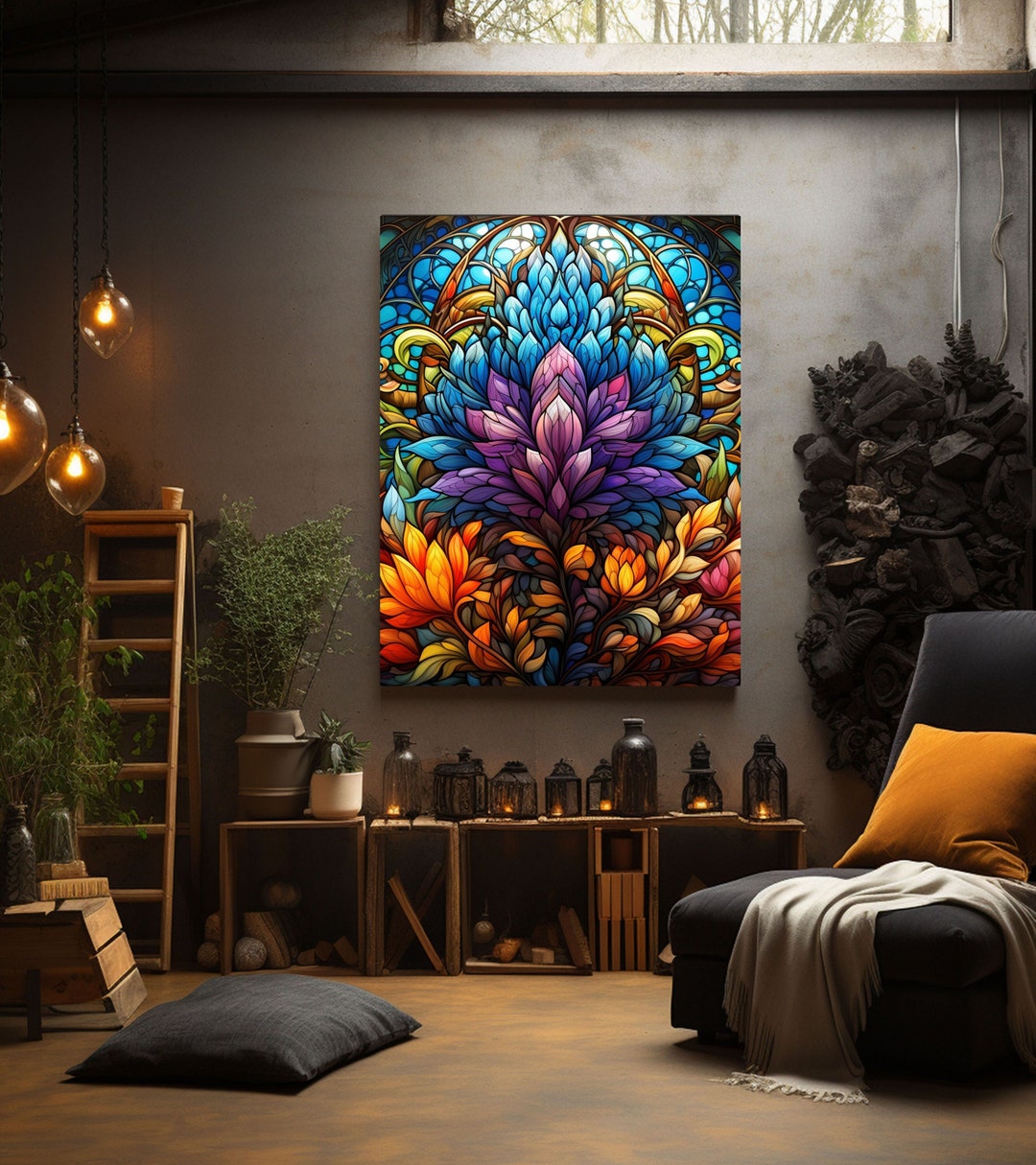 Stained Glass Fractal Painting Canvas Wall Art, Colorful Stained Glass