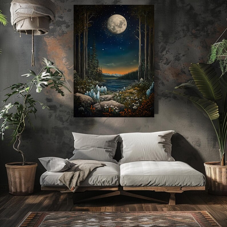 Mystical Moonlit Forest Wall Art, Night Sky River Canvas, Enchanted ...