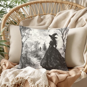 Gothic Witch Pillow, Black and White Forest Landscape Cushion with Mystical Witch Silhouette, Dark Fantasy Pillowcase image 3