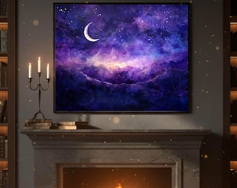 May include: A square wall art print featuring a night sky with a crescent moon and scattered stars above a dark, textured landscape of rolling hills in shades of deep purple, indigo, and violet, with a soft glow near the horizon line.