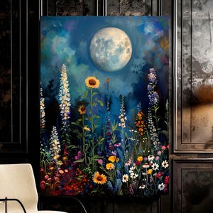 Mystical Moon and Wildflower Garden Canvas Art, Botanical Night Sky Art, Enchanting Moonlit Home Decor, Nature Mystique Wall Art