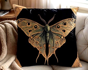 Golden Moth Pillow, Vintage Luna Moth Illustration in Metallic Gold and Black, Mystical Insect Art Throw Pillow for Gothic Boho Decor