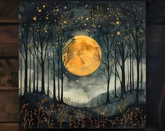 Gold Moon in the Forest Wall Art Canvas, Large Square Wall Art, Dark Mystical Night Sky Art, Moonlit Forest Canvas, Mystical Moon Wall Art