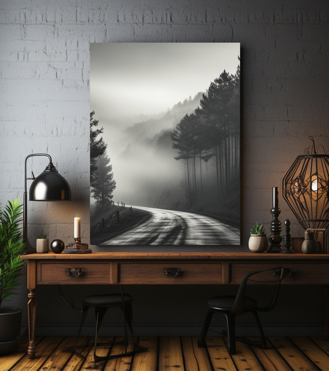 Black and White Misty Road Canvas Wall Art, Misty Mountain Canvas ...