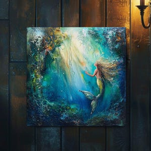 Enchanting Mermaid Canvas Art Oceanic Fantasy Wall Decor Mystical Sea Artwork Mermaid Canvas Underwater Artwork Mermaid Painting