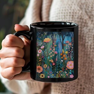 Floral Coffee Ceramic Mug, Meadow Flowers Coffee Cup, Spring Flowers Mug, Spring Coffee Mug, Spring Gifts For Her, Black Ceramic Cup