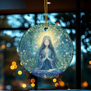Goddess Meditation Ornament, Floral Nature Ceramic Decor, Mystical Spiritual Art, Peaceful Garden Gift, Zen Boho Holiday Keepsake