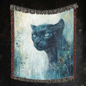 Mystical Black Panther Woven Blanket, Boho Jungle Cat Throw, Celestial Panther Art Blanket, Wild Animal Tapestry Blanket, Mystical Bed Decor