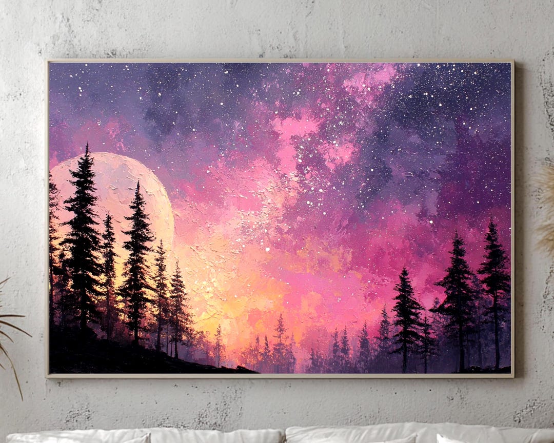 Moonlit Forest Sky Wall Art Print, Dreamy Purple Night Canvas, Mystical ...