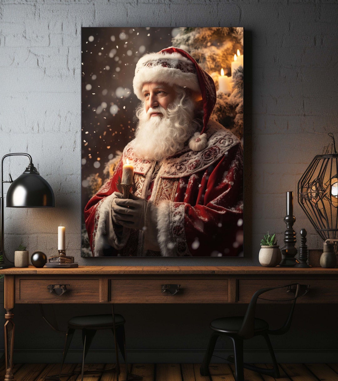 Santa Canvas Print, Santa Winter Painting, Santa Portrait, Vintage