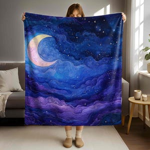 Twilight Sky Velveteen Blanket, Galaxy Moon Sherpa Blanket, Celestial Night Art Throw for Cozy Bedroom