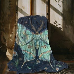 Luna Moth Cottagecore Blanket Throw, Ethereal Mystical Butterfly Velveteen Blanket, Magical Gift, Luna Moth Gift, Butterfly Throw Blanket image 2
