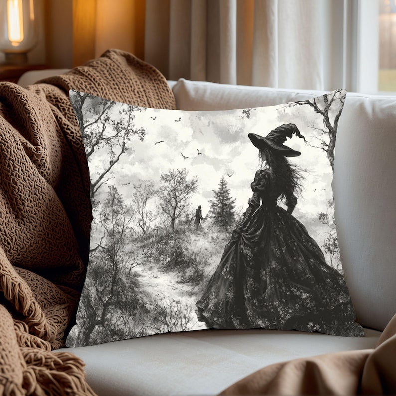 Gothic Witch Pillow, Black and White Forest Landscape Cushion with Mystical Witch Silhouette, Dark Fantasy Pillowcase image 2