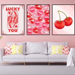 Conjunto de carteles rosas, cartel de moda, cartel estético, cartel de cereza, cartel de reina de corazones, cartel de beso, carteles rojos, conjunto de carteles de 3 piezas