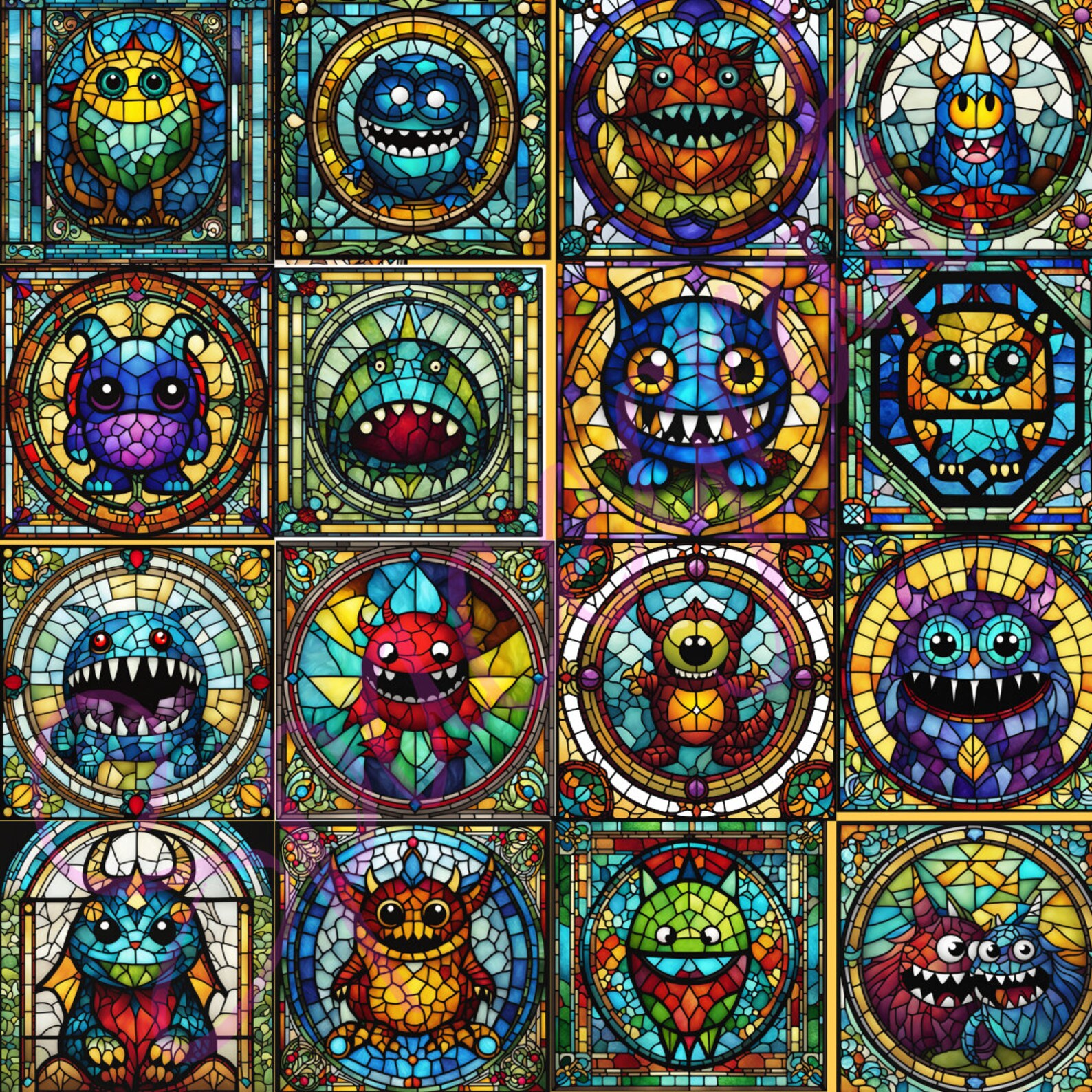Copy Monster Pattern Glass 50 Stained Glass Monster Bundle PNG - High Resolution Big Stained Wall ...