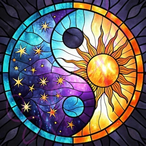 May include: A stained glass yin yang symbol with a blue and purple night sky on one side and a yellow and orange sun on the other side.