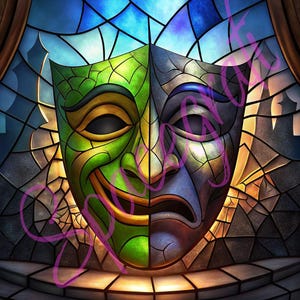 May include: A stained glass window depicting a two-sided mask. One side is green with a smiling expression, the other side is blue with a frowning expression.