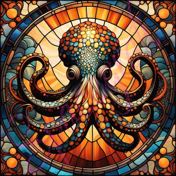 50 Stained Glass Octopus Bundle PNG - High Resolution Big Stained Wall Art Bundle - Glass Paint Sublimation - Digital Paper