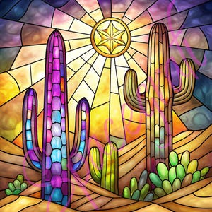 May include: A stained glass style illustration of a desert landscape with three cacti. The cacti are in shades of green, purple, and blue. The sun is shining brightly in the sky, and there are stars in the background.