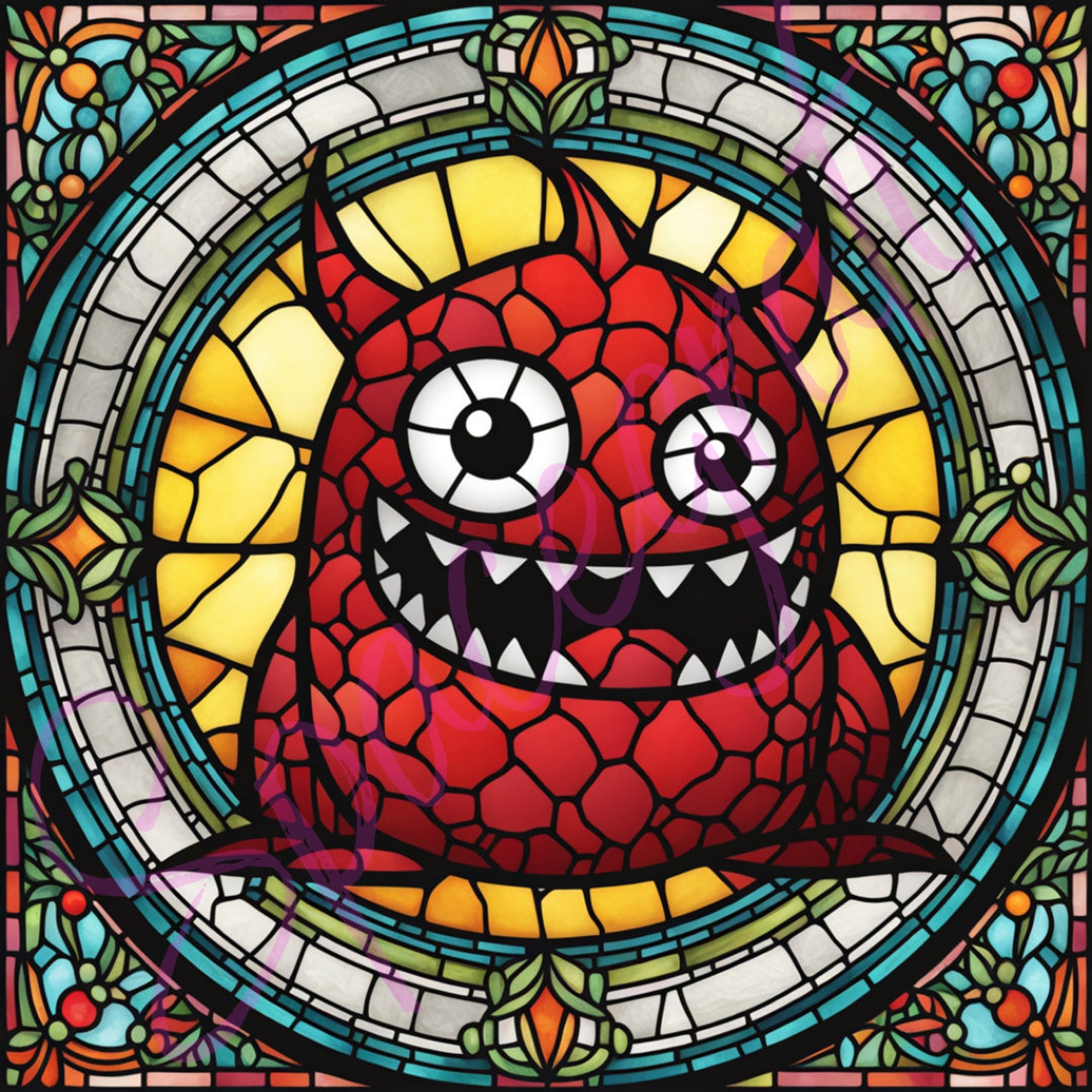 Copy Monster Pattern Glass 50 Stained Glass Monster Bundle PNG - High Resolution Big Stained Wall ...