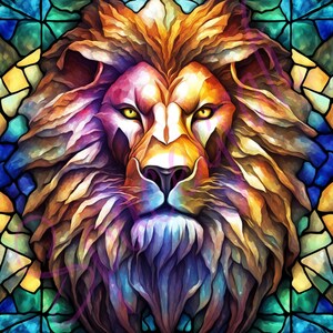 May include: A colorful stained glass style illustration of a lion's face with a fierce expression. The lion's mane is a mix of orange, yellow, and purple hues.