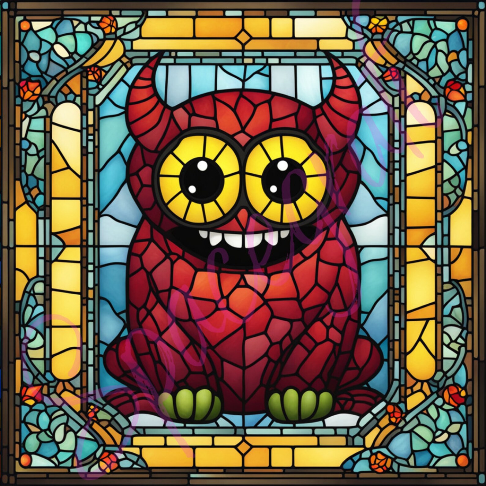 Copy Monster Pattern Glass 50 Stained Glass Monster Bundle PNG - High Resolution Big Stained Wall ...