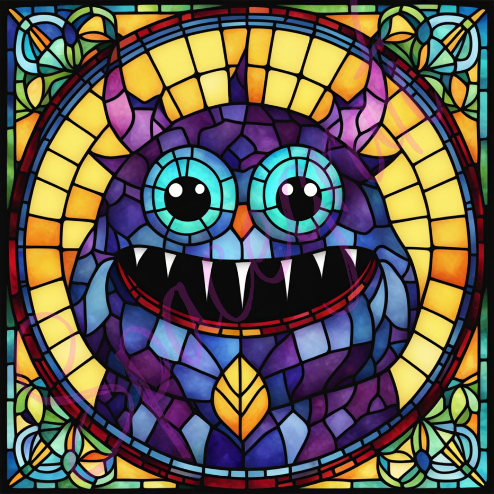 Copy Monster Pattern Glass 50 Stained Glass Monster Bundle PNG - High Resolution Big Stained Wall ...