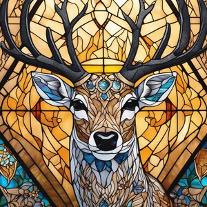 May include: A stained glass depiction of a deer with intricate details and a colourful design. The deer's antlers are large and spread out, and its body is covered in a variety of colours, including blue, green, and yellow. The background is a simple yellow.