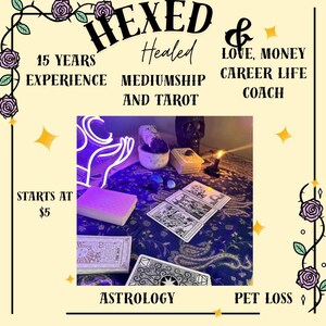 Może przedstawiać: Reklama usług duchowych. Obraz przedstawia karty tarota, płonącą świecę oraz tekst "HEXED & Healed" i "MEDIUMSHIP AND TAROT". Dodatkowy tekst zawiera "15 YEARS EXPERIENCE", "LOVE, MONEY, CAREER LIFE COACH", "ASTROLOGY" i "PET LOSS".
