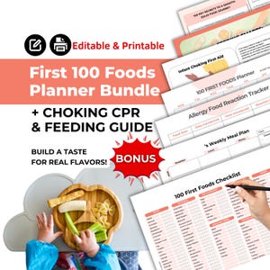 100 First Foods Before One tracker en wekelijkse maaltijdplannerbonus Voedingsgids Afdrukbaar bewerkbaar | BLW baby led spenen voor 6 maanden+