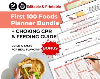 Rastreador de 100 primeros alimentos antes de un año y planificador de comidas semanal. Guía de alimentación adicional. Imprimible y editable. Alimentación dirigida por el bebé (BLW) para mayores de 6 meses.