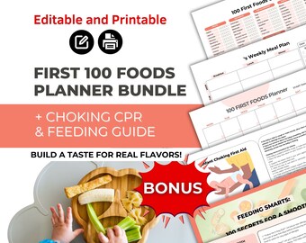 First 100 Foods Tracker and Weekly Meal Planner Bonus Baby Choking CPR and Feeding Guide Printable Editable | Baby Led Weaning for 6 months