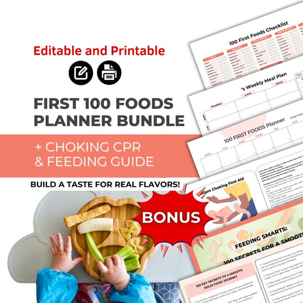 First 100 Foods Tracker and Weekly Meal Planner Bonus Baby Choking CPR and Feeding Guide Printable Editable | Baby Led Weaning for 6 months