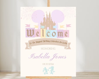 Letrero de bienvenida "El cumpleaños más feliz del mundo" - Letrero de bienvenida vintage editable de Disneyland - Plantilla personalizable de Canva - Pastel - 007