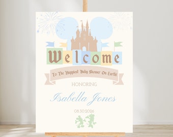 Happiest Baby Shower on Earth Welcome Sign - Editable Sign - Vintage Disneyland - Pastel Blue and Green - Classic Disney - DIY - 006