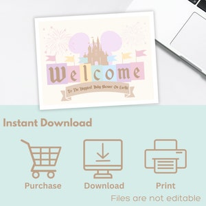 May include: Printable welcome sign for a baby shower with a pastel pink, blue, and yellow color scheme. The sign features a cartoon image of Cinderella's castle with fireworks and the text "Welcome to the Happiest Baby Shower on Earth!"