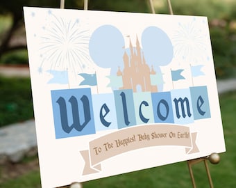 El Baby Shower más feliz del mundo - Cartel de bienvenida - Disneyland vintage - Babyland - Descarga instantánea - No editable - Listo para imprimir - Azul - 003