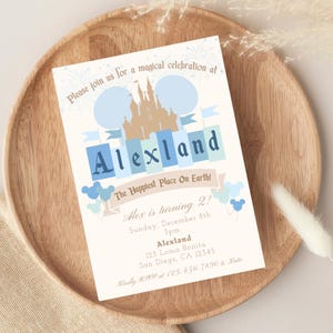 Invitación al cumpleaños más feliz del mundo - Tema vintage azul de Disneyland - Personalizada - Mickey - Personalizada - Imprimible - 009