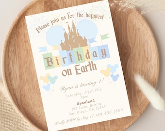 Happiest Birthday on Earth Invitation - Vintage Disneyland Birthday -  Editable Canva Template - Instant Download - Mickey - Minnie - 00
