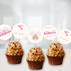 Happiest Baby Shower on Earth Cupcake Toppers - Pink Babyland - Vintage Disneyland Theme - Instant Download - Personalized - 005