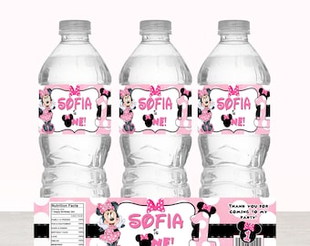 Etiquetas personalizadas para botellas de agua de Minnie Mouse: rosa y blanco: etiqueta personalizada para botellas de agua