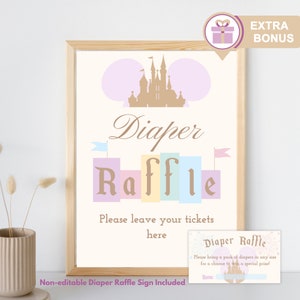 Puede incluir: Un cartel imprimible para una rifa de pa&ntilde;ales con un gr&aacute;fico de castillo rosa y dorado y el texto "Diaper Raffle". El cartel tambi&eacute;n incluye un boleto imprimible m&aacute;s peque&ntilde;o con el texto "Diaper Raffle" y un gr&aacute;fico de castillo.