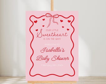 Valentine's Day Baby Shower Welcome Sign - Whimsical Bow & Heart Theme - Our Little Sweetheart is on the Way - Instant Download - 013